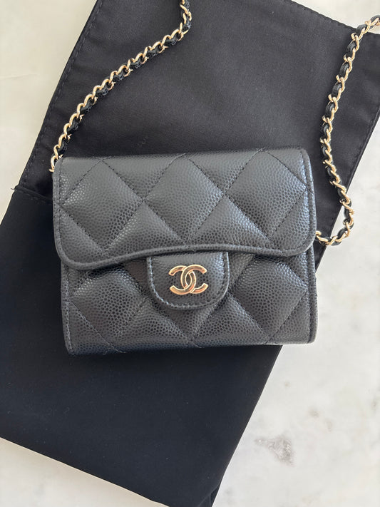 Chanel Mini Wallet/Cardholder on Chain in Caviar Leather